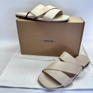 Vince Dylan Leather Flat Sandals Size 9.5M Beige Asymmetrical Slide Shoes